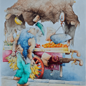 Moses Freeman’s Fruit Cart by Seymour Rosenthal depicts an old man bent over his fruit cart.