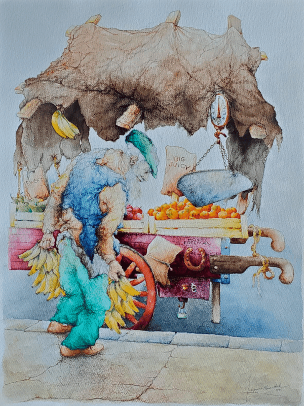 Moses Freeman’s Fruit Cart by Seymour Rosenthal depicts an old man bent over his fruit cart.