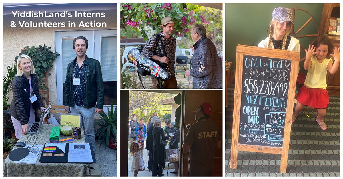 a gallery of images showing people conversing and smiling at the camera with the statement, "Yiddishland's interns and volunteers in action" at the top