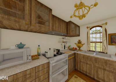 a render of a kitchen with cabinets, microwave, oven, and other appliances