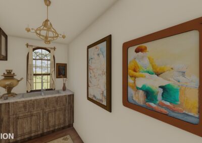 a render of a kitchen with paintings on the wall, cabinets, sink, and other appliances