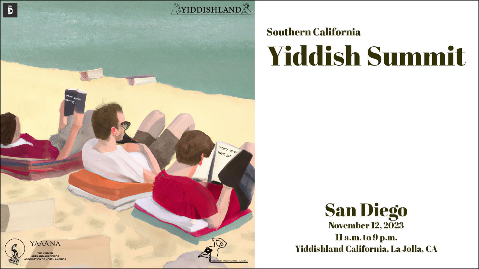 Ad for the Southern California Yiddish Summit San Diego, on November 12, 2023, from 11 am to 9 pm at Yiddishland California, La Jolla, CA