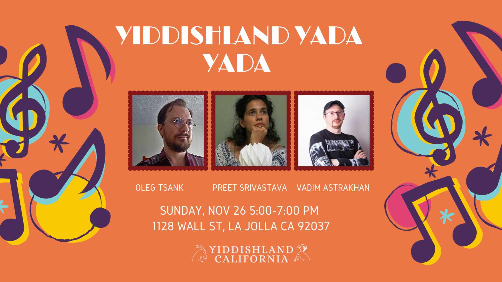 Ad for Yiddishland's “Yiddishland Yada Yada” an evening of art exploration, on Friday, November 17, 7:00 to 9:00 p.m. PT at Yiddishland California and on Zoom