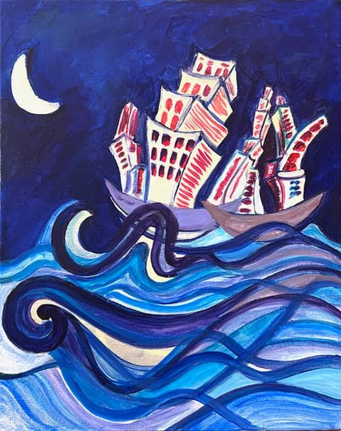 A surrealist painting by Miriam Libhaber, where buildings float away on boats beneath a crescent moonlit night