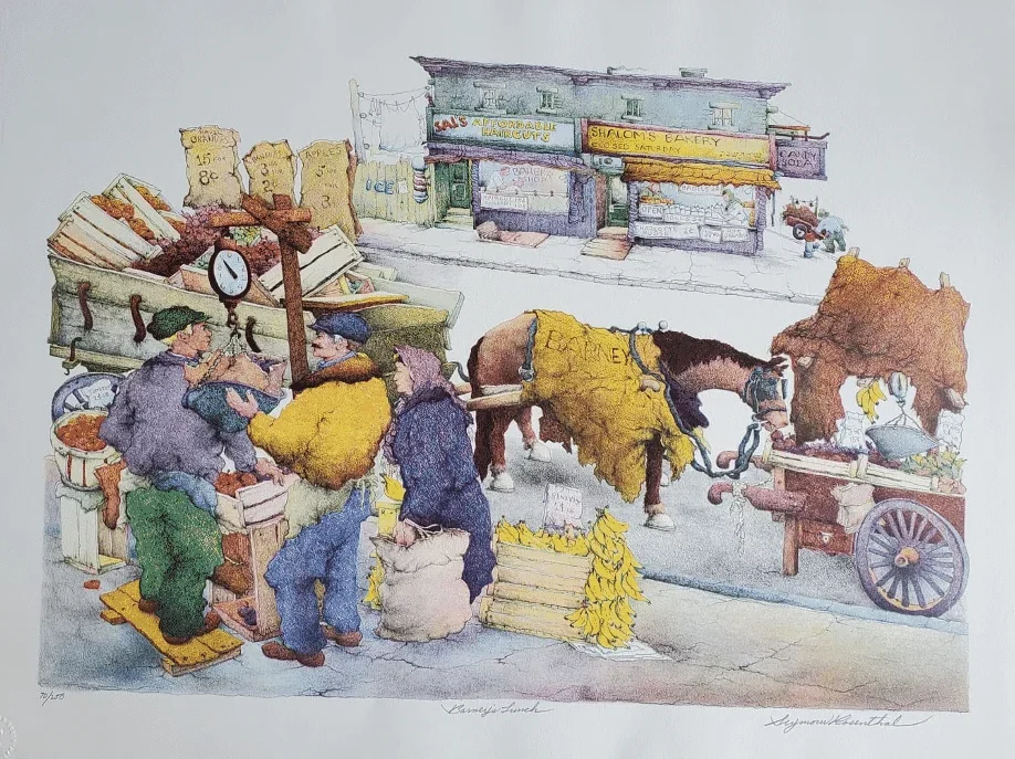 Barney's Lunch by Seymour Rosenthal is a Lithograph depicting a market scene where a horse eats some of the fruit for sale.