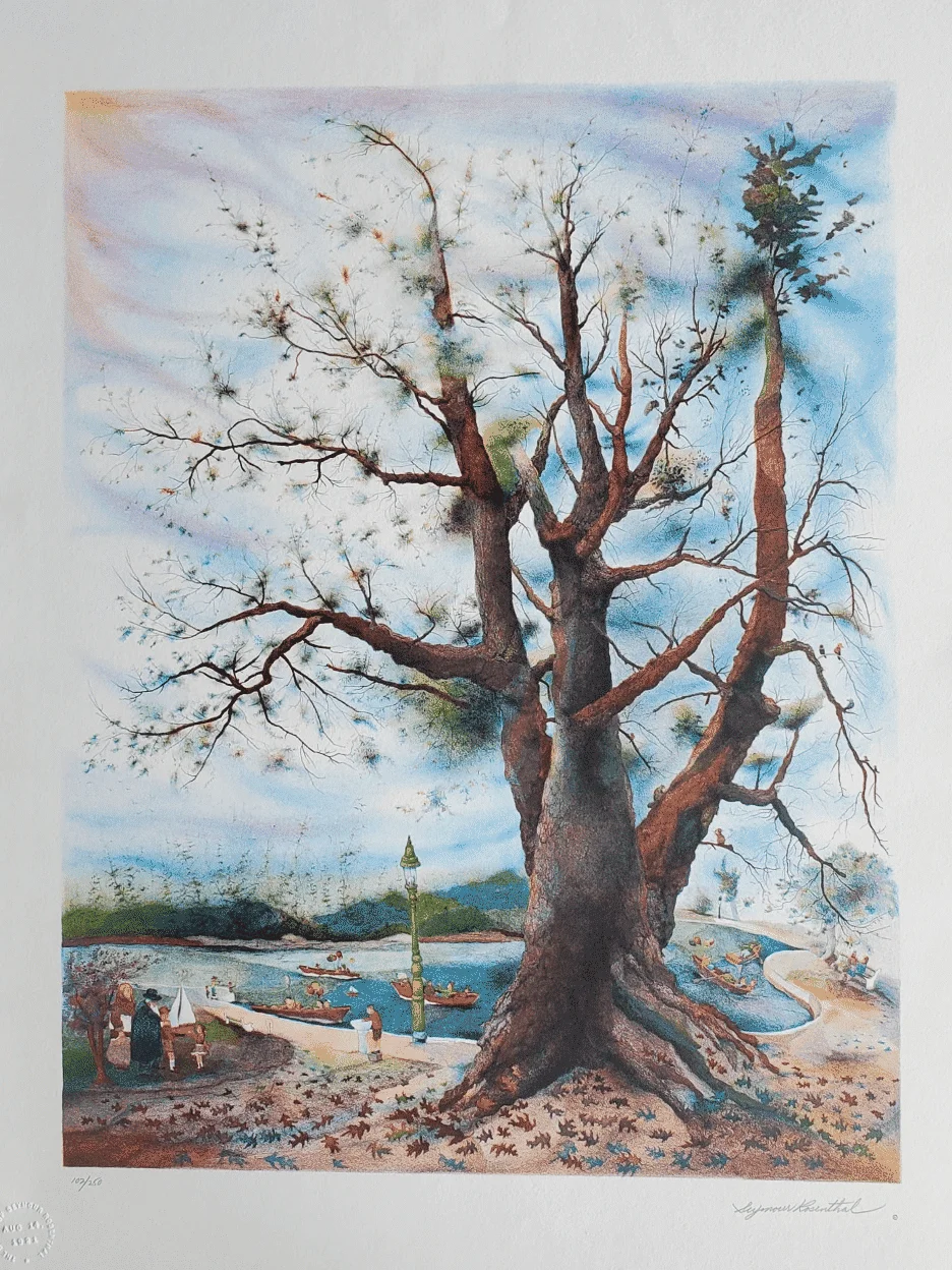 In the Park by Seymour Rosenthal is a lithograph of a giant tree shedding its leaves in a park.