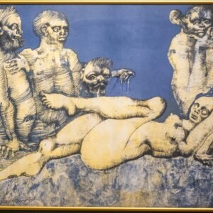 Jan Lebenstein Painting named Corpse de Garde with four nude figures.