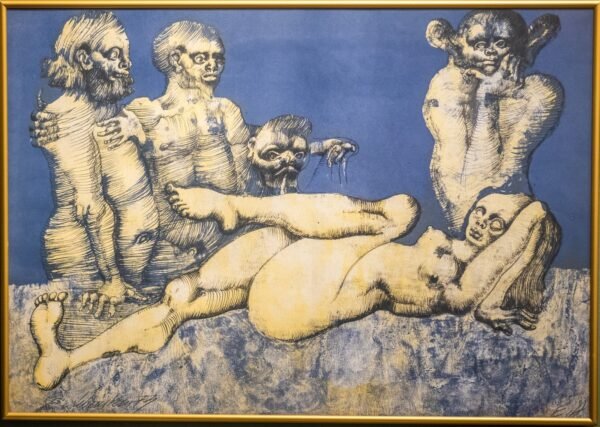 Jan Lebenstein Painting named Corpse de Garde with four nude figures.