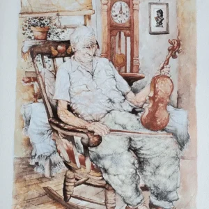 Papas World by Seymour Rosenthal; an older man sitting in a rocking chair, holding a fiddle.