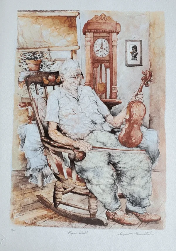 Papas World by Seymour Rosenthal; an older man sitting in a rocking chair, holding a fiddle.