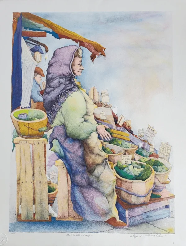 The Pickle Lady by Seymour Rosenthal is a lithograph of a lady standing over her selection of pickled vegetables.