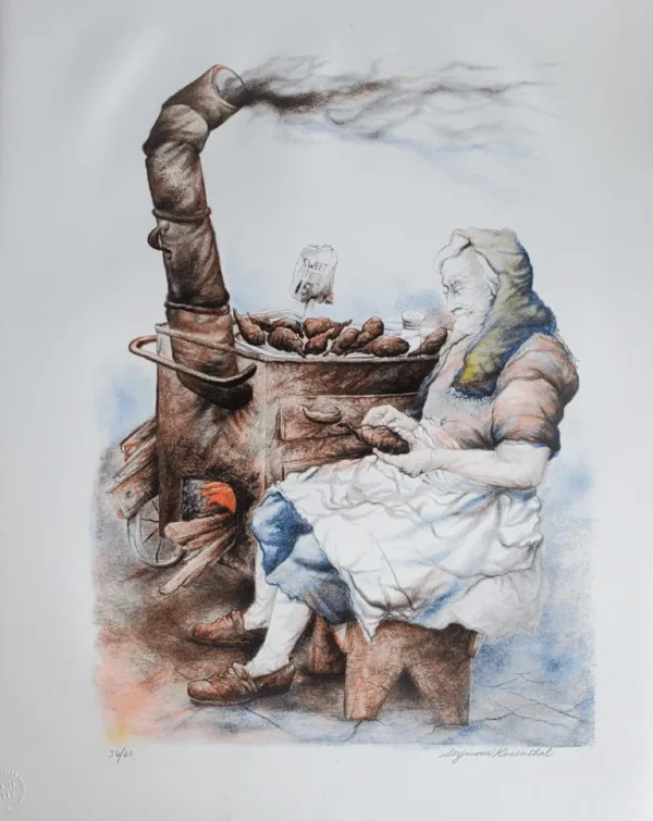 The Sweet Potato Lady by Seymour Rosenthal is a lithograph depicting an elderly woman sitting by a smoking coal oven, where potatoes are cooking.