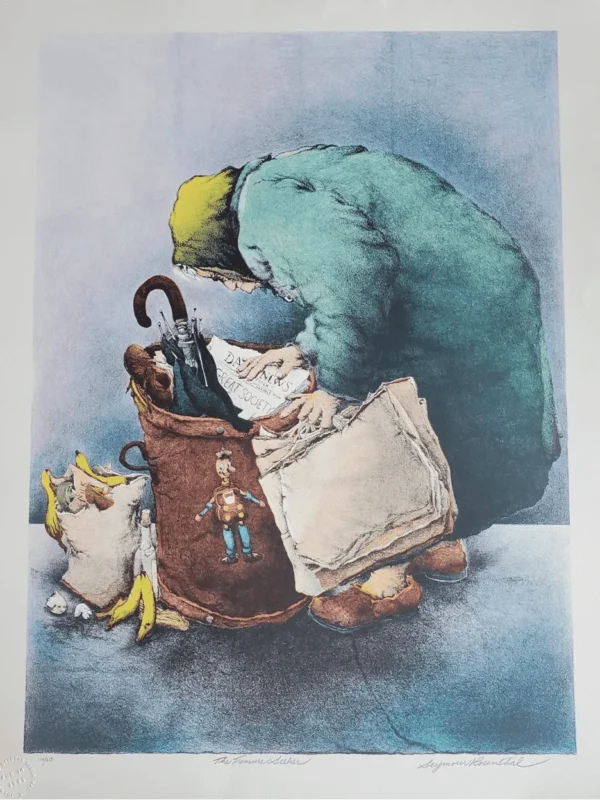 The Treasure Seeker by Seymour Rosenthal is a lithograph depicting an elderly woman hunched over and rummaging through garbage can.