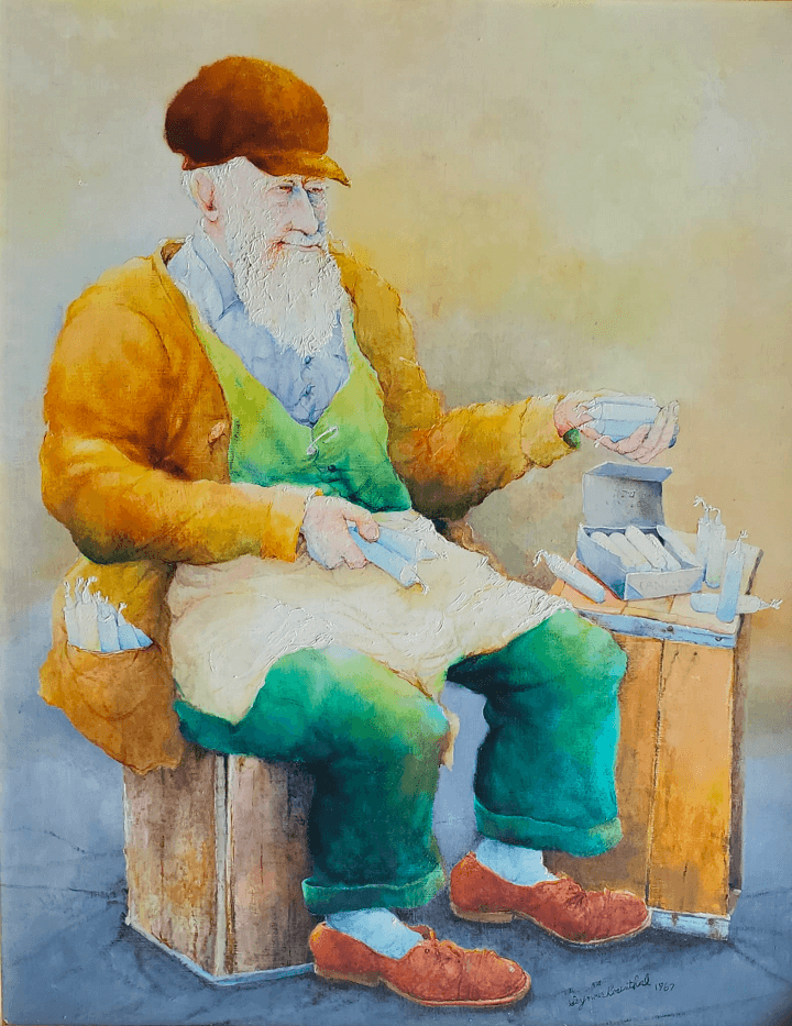 The Candle Vendor by Seymour Rosenthal depicts an old man with a white beard, sitting and peddling.