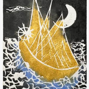 A boat floating in sea at night with half moon in the sky. Miriam Libhaber Painting - At Night