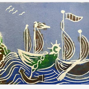 Boats traveling to an land and an anchored boat. Miriam Libhaber Painting - Land Ahoy