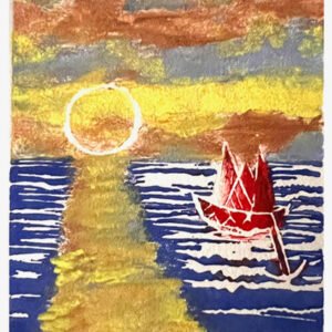 Artwork depicting sunrise with a boat floating in sea. Miriam Libhaber Painting - Almost Daytime