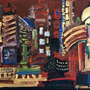 Artwork with city buildings outline with prominent windows. Miriam Libhaber Painting - Shining