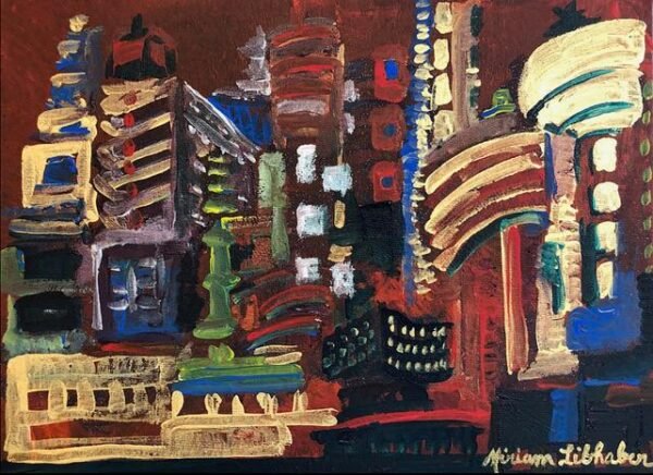 Artwork with city buildings outline with prominent windows. Miriam Libhaber Painting - Shining