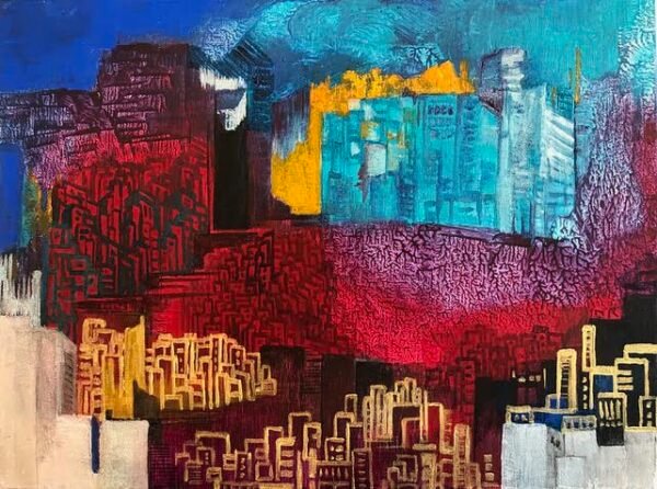 a combination different color buildings outline. Miriam Libhabhor Painting - Textured