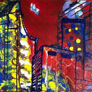 An architecture of buildings painted on an red background. Miriam Libhaber Painting - Reflexion