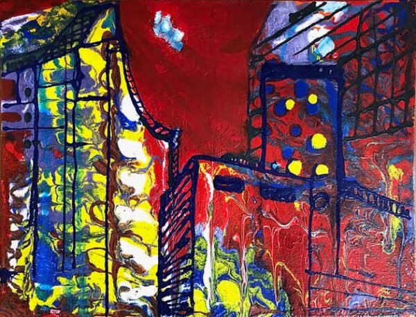 An architecture of buildings painted on an red background. Miriam Libhaber Painting - Reflexion