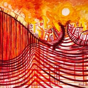 Artwork with deserted road pathway with bright yellow sun. Miriam Libhaber Painting - Parenthesis