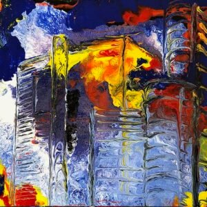 Artwork with building shown as melting in fire. Miriam Libhaber Painting - Of Fire