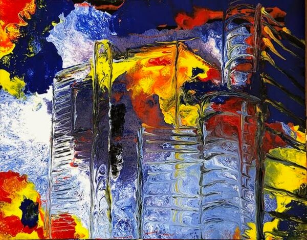 Artwork with building shown as melting in fire. Miriam Libhaber Painting - Of Fire