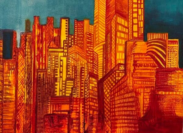 Artwork with city outline with buildings showing minor details includes floor and windows. Miriam Libhaber Painting - One too Many