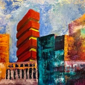 Artwork showing building with an Highrise in red and yellow. Miriam Libhaber Painting - One of a Kind