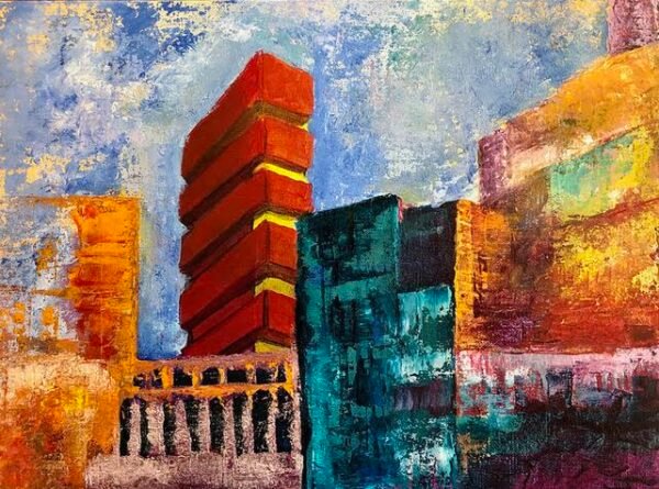 Artwork showing building with an Highrise in red and yellow. Miriam Libhaber Painting - One of a Kind