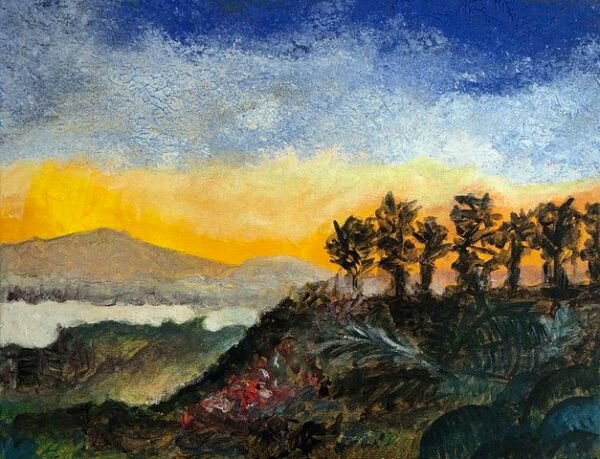 A artwork of an scenery with mountains and trees. Miriam Libhaber Painting - From Norcroft