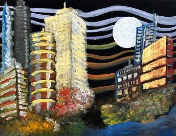 A city outline with wind blowing above tall buildings. Miriam Libhaber Painting - Wind of Santa Ana