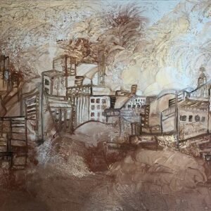 Artwork showing building structure and sand cloud painted on a canvas