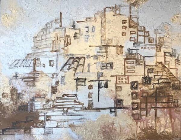 Artwork showing building structure with sand color painted on a canvas.