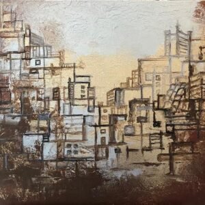 Artwork showing building structure painted on a canvas with sand color