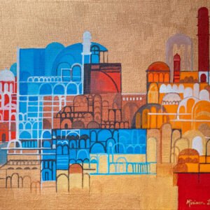 A colorful artwork depicting a city layout and buildings by Miriam Libhaber - Jerusalem 1