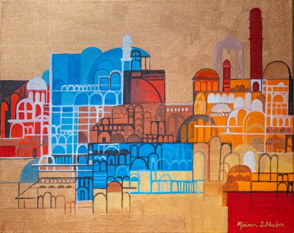 A colorful artwork depicting a city layout and buildings by Miriam Libhaber - Jerusalem 1