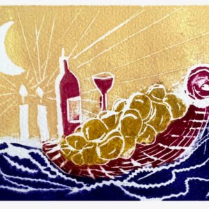 Artwork for Shabbat celebration with wine and candles under moon