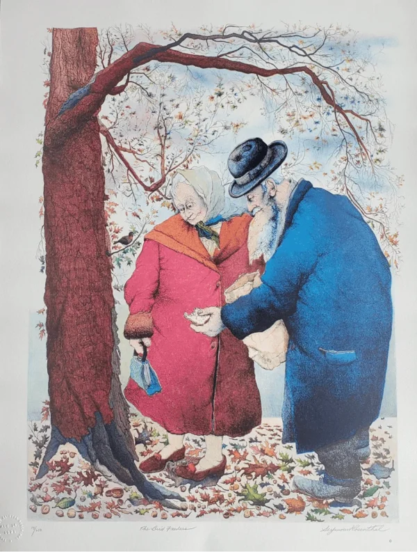 The Bird Feeders - Lithograph by Seymour Rosenthal. Shows an elderly couple by a tree with falling leaves, taking out bread to feed birds.