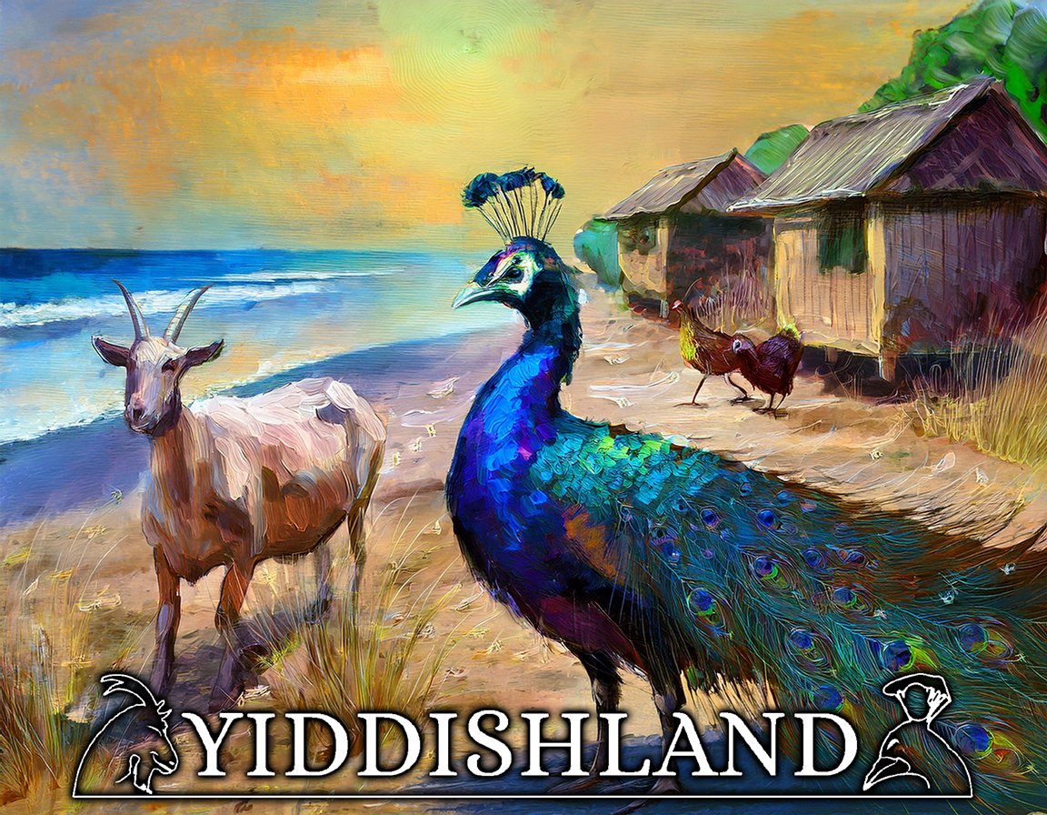 We can see a peacock and a goat, as they are symbols of Yiddish language and culture.