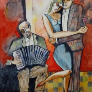 A watercolor painting depicts a couple dancing closely, with the man holding a wine glass and wearing a hat. An accordion player sits nearby, providing music. The background features warm, abstract colors.