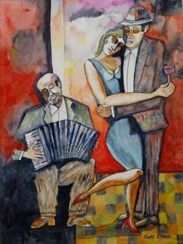 A watercolor painting depicts a couple dancing closely, with the man holding a wine glass and wearing a hat. An accordion player sits nearby, providing music. The background features warm, abstract colors.