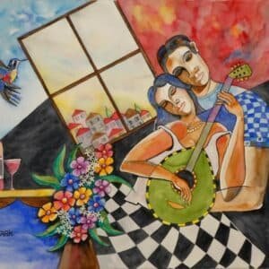 A colorful painting depicts a man and woman sitting close together, with the woman playing a guitar. A vase of flowers, a bottle, and two glasses are on a table nearby. A bird flies near a window.