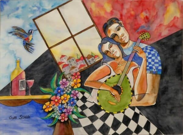 A colorful painting depicts a man and woman sitting close together, with the woman playing a guitar. A vase of flowers, a bottle, and two glasses are on a table nearby. A bird flies near a window.