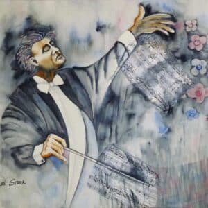 A watercolor painting depicts a conductor leading an orchestra. Music notes and colorful flowers emerge from his gestures. Signed by artist Guri Stark.