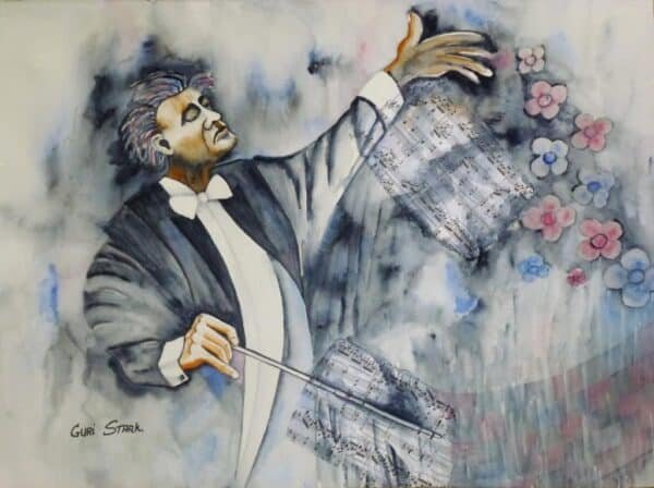 A watercolor painting depicts a conductor leading an orchestra. Music notes and colorful flowers emerge from his gestures. Signed by artist Guri Stark.