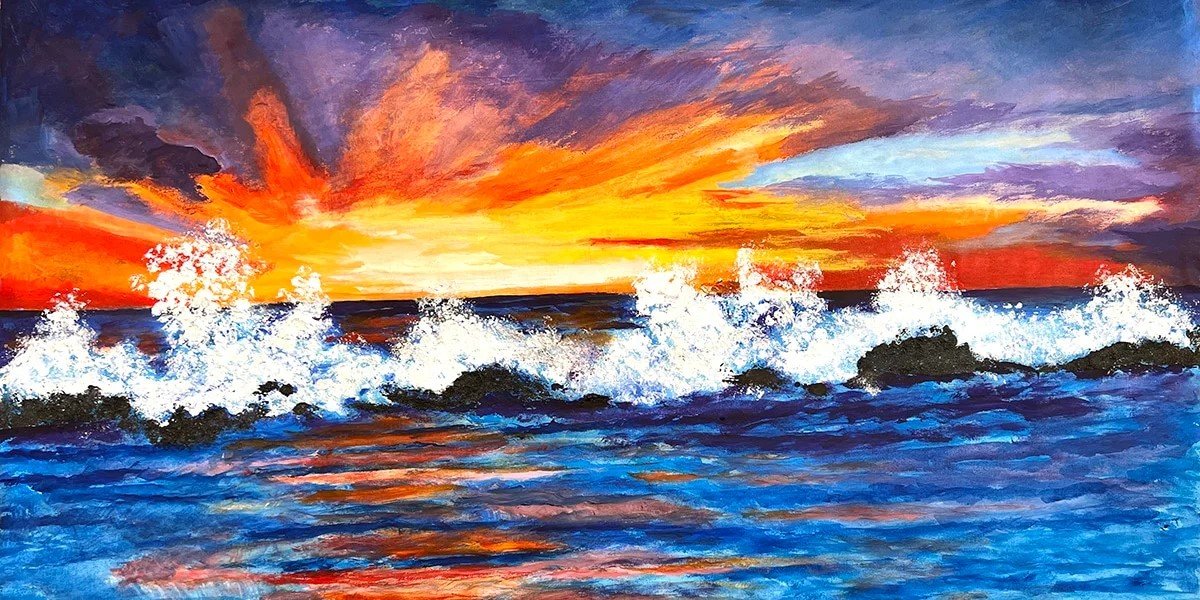 a painting by miriam libhaber of the sun setting into the ocean