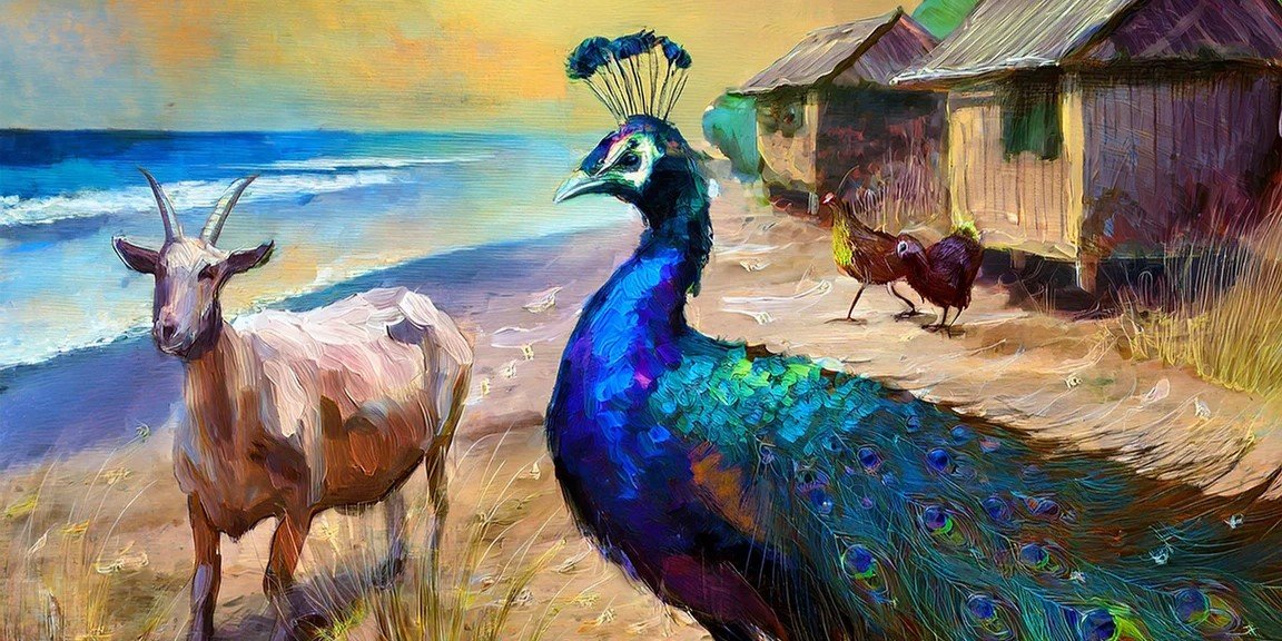 We can see a peacock and a goat, as they are symbols of Yiddish language and culture.